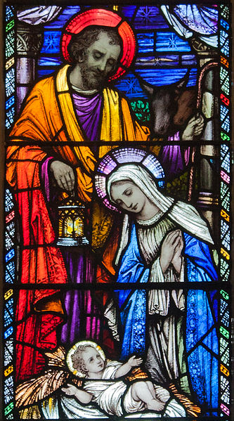 glas in lood raam met jozef en maria geboorte jezus met kerst kerstmis in kerk clommel ierland